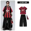 Roupas Infantis Modernas para Street Dance Conjunto de Roupa de Performance Hip-Hop Listrada Preta e Vermelha para Meninos Roupas de Performance Descoladas para Meninas Hip-Hop