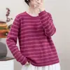 Tricô de Fio de Algodão Listrado Retrô Feminino Artístico Solto Gola Redonda Manga Longa Camada Base Casual Top Suéter Versátil