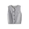 Colete de Tricô Feminino 26 Primavera e Outono Novo Estilo Gola Redonda Fechamento por Botões Design Xadrez Colete sem Mangas