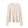 Novo suéter de tricô de cashmere feminino com gola redonda e botões, cardigã de abotoamento simples, top versátil de manga longa, feito com seda de amoreira