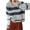 Estilo coreano vintage contraste listrado lapela suéter cardigan casaco feminino outono e inverno solto estilo preguiçoso pequeno suéter de malha
