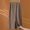 26 Otoño Invierno Nuevo 100% Lana Tejida Versátil Abertura Falda Midi para Mujer Cintura Alta Oficina Adelgazante Cálida Falda Midi