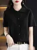 Cardigan camisa elegante de color liso con solapa estilo coreano, suelto, adelgazante, para commuting, algodón, camiseta de punto de manga corta para mujer