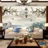 Novo sofá de sala de estar atmosférico moderno chinês, tecido para parede de fundo de TV, papel de parede de paisagem, mural em relevo de ameixa tridimensional 8D