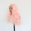 Peluca larga rizada con encaje frontal rosa, fibra sintética mate de alta temperatura, para sesiones de fotos, cosplay y producciones de dramas cortos; venta al por mayor del fabricante