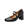Versão em Couro~Sapatos Mary Jane Quadrados Retrô Franceses com Salto Grosso para Mulheres, Versáteis com Uma Tira Única e Laço, Sapatos Baixos de Couro