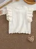 Chaleco tejido de algodón para bebé y niño pequeño para niñas, con bordes de volantes, mangas acampanadas, pequeñas flores bordadas, diseño calado y transpirable