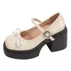 Sapatos femininos de couro marrom com sola grossa, salto alto robusto, nova coleção primavera/outono 2026, que aumentam a altura, estilo britânico, com detalhe de laço, sapatilhas Mary Jane