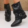 Botas de cuero para mujer de punta fina, hasta la pantorrilla, para comercio exterior, nuevo modelo 2026, con hebilla de cinturón, botas vaqueras occidentales, tacón grueso, botas de montar de moda para mujer