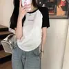 Camiseta Regular de Ombro a Ombro Transfronteiriça Manga Curta Feminina 2026 Novo Verão Emagrecedora Coreana Color-Blocking Raglan Linha A Retrô Americana Top Curto
