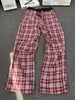 Pantalones Cuadros Rojos Estilo Retro Americano para Hombres y Mujeres, Nuevo Estilo de Verano, Pantalones Cuadros Plisados Bloque de Color, Pantalones Largos Casuales de Pierna Recta