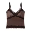 Otoño Retro Color de Contraste Lunares Malla Encaje de Pestañas Copa Fija Sexy Chica Caliente Cuello en V Camisola Ropa Interior Mujer