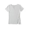 Camiseta de punto americana de manga corta con cuello en V pequeño y abertura, para mujer, de verano, color liso, ajustada a la cintura, top corto a rayas finas