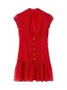 Comércio exterior por atacado roupas femininas estilo europeu e americano, vestido curto vintage versátil de manga curta com decote V sem mangas de bolinhas
