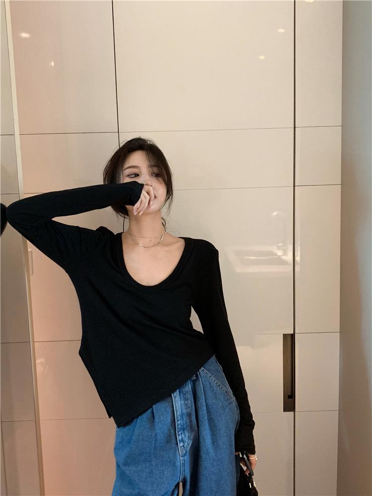 帮手描述图：不规则白色修身长袖T恤女2021春秋新款设计感紧
