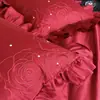 Set Romántico de Encaje Rojo Bordado con Rosas de Algodón de Fibra Larga Satín Sedoso Puro Algodón Juego de Cama