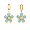 Pendientes florales de alta gama estilo moda europea y americana, colgantes de flor con esmalte azul y blanco bañados en oro, pendientes de aro de acero inoxidable