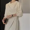 Vestido asimétrico de corbata elegante estilo francés de alta gama para mujer de Dongdaemun, Corea