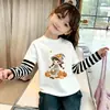 Top Básico Dulce y Lindo Cuello Redondo Nuevo Estilo Primavera y Otoño Falso Dos Piezas Patchwork Rayado Algodón Puro Manga Larga para Niñas