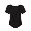 Desejo Puro Gola Quadrada Clavícula Manga Curta Camiseta Feminina Relógio Peito Plissado Bainha Curva Top Slim Feminino Verão