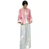 Conjunto de dos piezas de chaqueta jacquard estilo chino nuevo de seda para mujer de mediana edad y pantalones de pierna ancha, con garantía de calidad, reductor de edad, para primavera y otoño, estilo nacional