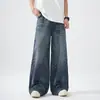 Jeans Masculino Retro Americano Novo 2026, Calças Jeans de Algodão Masculino Tendência Soltas Lavadas de Perna Reta Comprimento Total