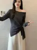 Algodão 100% de alta qualidade, 40 fios, 1x1Roupas femininas plus size 2026 novo estilo outono camiseta listrada de manga longa com cintura ajustável irregular