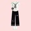 Crianças Maiores 2026 Novo Verão Calça Casual Patchwork Xadrez Meninas Novo Estilo Escolar Gola Marinheiro Manga Curta Conjunto de Duas Peças
