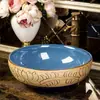 Lavabo de cerámica para encimera, de una sola cubeta, estilo vintage, lavabo artístico redondo para baño, lavabo artístico antiguo para uso doméstico