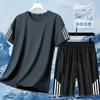 Verão 2025 Conjunto Masculino Esportivo e de Lazer de Duas Peças para Fitness, Corrida, Treino, Respirável, Seda Gelo Fresca, Elástico, de Manga Curta