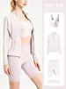 Conjunto de Tres Piezas Transfronterizo: Conjunto de Chaqueta Larga Ajustada con Cuello Alto + Shorts de Cintura Alta Levanta Glúteos + Top de Tirantes tipo Sujetador en Forma de U