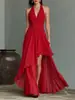 2026 Novo Vestido Europeu e Americano de Chiffon Transfronteiriço da Amazon Cor Sólida Gola Halter Costas Abertas Ajuste na Cintura Elegante Vestido com Decote V