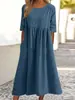 Cross-Border Foreign Trade 2026 Spring/Summer New Style Round Neck Half-Sleeve Plus-Size Casual Loose Long Solid Color Cotton-Linen Dress