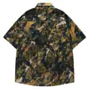 Camisa de Manga Curta com Estampa Total de Paisagem Florestal em Pintura a Óleo Retrô com Fita Floral e Pingente de Contas de Madeira, Modelagem Solta com Ombros Caídos para Homens