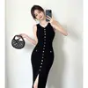 Vestido de seda gelada de alta qualidade coreano, de abotoamento simples, decote V com fenda, para mulheres, fino, justo, elegante, longo, de verão