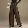 Calça de couro PU elegante e simples de perna larga para mulheres, novo estilo outono 2026, cintura alta, fluida, modeladora, solta, casual, calça da moda