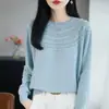Suéter de punto calado de algodón puro con cuello redondo para mujer de principios de otoño, camiseta básica holgada de manga larga, suéter de tacto de alta gama