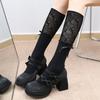 Calcetines de pantorrilla con encaje estilo ballet dulce con orejas de madera para primavera y verano, calcetines de mujer con lazo cosido, calcetines de tubo hueco apilados
