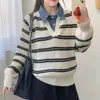 Suéter de malha com gola de ganga listrada color-block falso duas peças para mulheres, novo top de malha casual para outono e inverno para mulheres