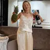 Pijama Nuevo de Estilo Europeo y Americano de Seda Helada con Incrustaciones de Encaje, Conjunto de Dos Piezas de Camisola y Pantalón Largo, Ropa de Casa Fresca y Cómoda para Mujer