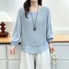 Camisa top de moda para mujer talla grande de principios de otoño, manga larga, irregular, hueco, patchwork, adelgazante, imitación de dos piezas