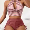 Nuevo Traje de Baño de Dos Piezas Multicolor Transfronterizo Europeo y Americano, Traje de Baño Hueco de Gama Alta, Conjunto de Bikini Rayado de Amazon