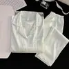 Pijama Verde Claro para Mulheres, Verão Jacquard Gato KT Gola Cardigã Manga Longa Calça Longa Fino Desenho Menina Conjunto para Casa