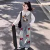 Estilo Coreano Casual Meninas Desenho Animado Fofo Colete Gola Boneca Camisa Camada Moda Laço Conjunto Jeans Tendência