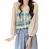 Tricô Étnico Boêmio Camisa de Verão de Chiffon Feminina Manga Bolha Curta Crochê Pequeno Ponto Vazado Top