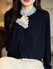 Jaqueta Cardigan Tricotada Patchwork Moda Outono Inverno para Mulheres 2025 Nova Roupa de Outono/Inverno Estilosa Blusa com Color Blocking e Babados