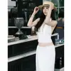 Traje Feminino de Verão Duas Peças Sexy Estilo Resort à Beira-Mar com Bolinhas Francesas Decote V Alça no Pescoço + Saia Justa ao Corpo