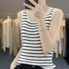 Camiseta de punto de verano para mujer, elegante, a rayas, cuello en U, ajuste ceñido, manga corta