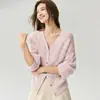 Cárdigan de Cachemira y Seda de Morera para Mujer Completamente Hueco Otoño Invierno Cuello en V Adelgazante Versátil Temperamento de Manga Larga Suéter de Punto