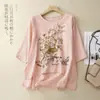 Bordado Gran Marca Liquidación Fin de Temporada Lino Camisa Pequeña Top Mujer Bordado Pesado Holgado Delgado Algodón Lino Manga Corta Camisa Top